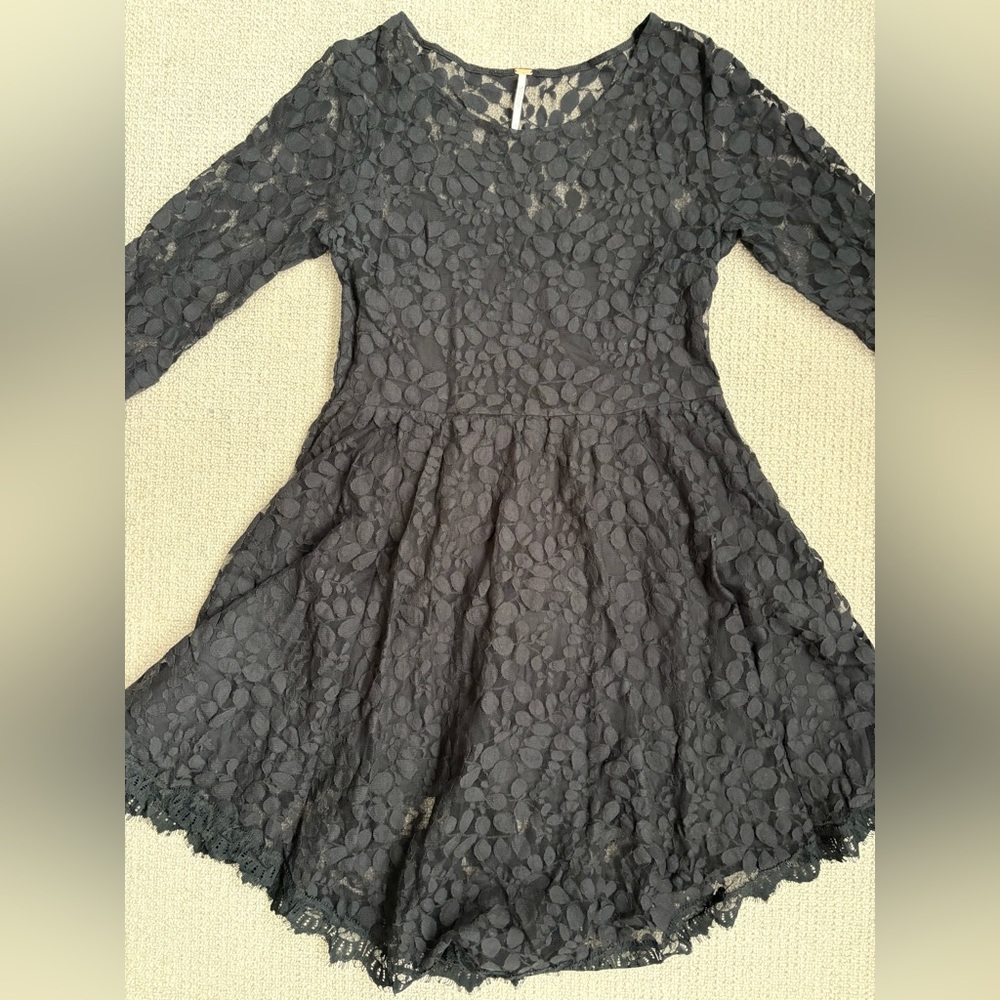 Free People Black Lace Fit & Flare Long-Sleeve Dress